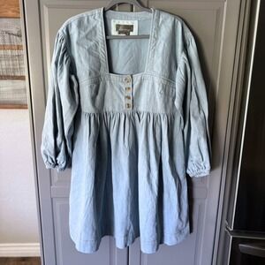 Anthropologie Long-Sleeve Square-Neck Denim Mini Babydoll Dress, Light Blue, XS